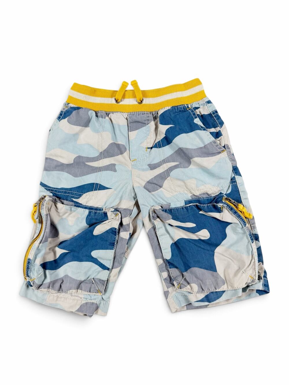 Mini Boden Camo Techno Cargo Shorts Blue Gray Yellow Size 4 Years